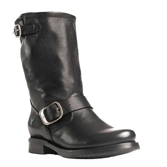 Frye Veronica Boots Soft Leather Mid Calf Buckle Strap Slip On Biker Black 8.5 - Picture 1 of 8